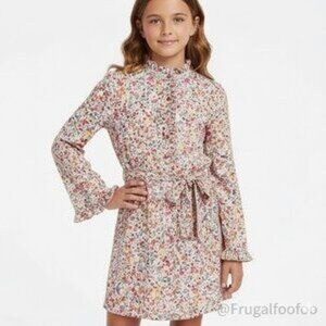 Tory Burch Girl's Size Large Floral Print Ruffle Neck Belted Dress Long Sleeve